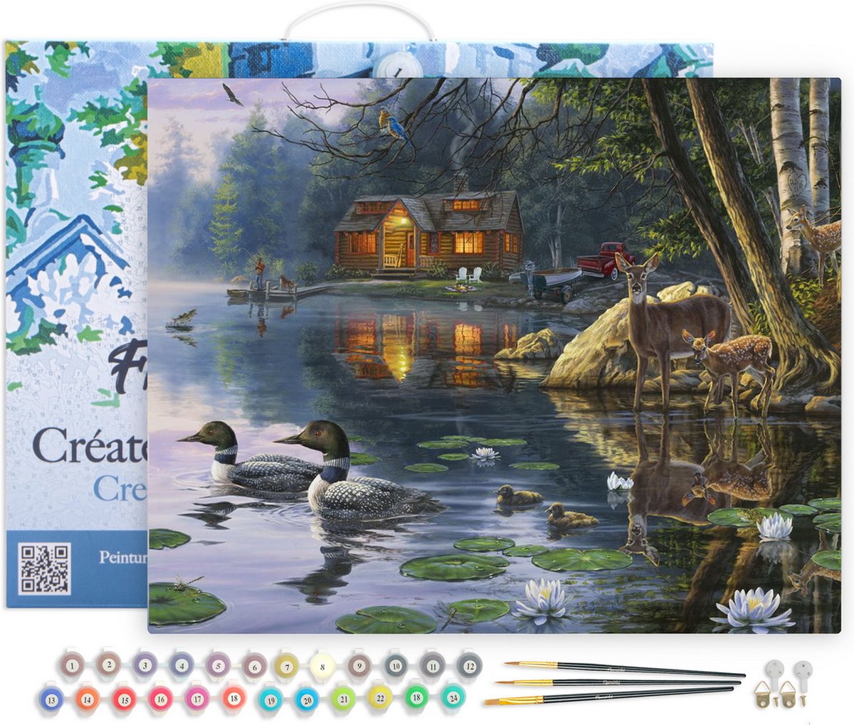 FiguredArt Schilderen op Nummer Volwassenen met lijst - Chalet aan het meer - Handwerk acrylverf Kit DIY Compleet - 40x50cm Canvas al ingelijst